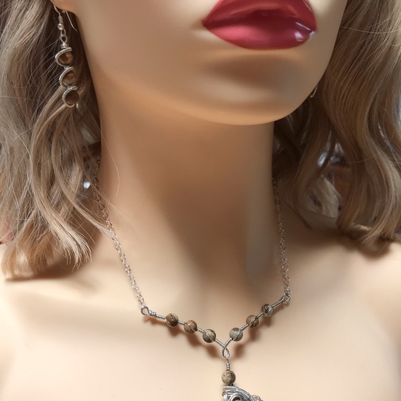 Jewelry Set- Picture Jasper Sterling Silver Necklace and Earring Set- Statement - Picture 10 of 11